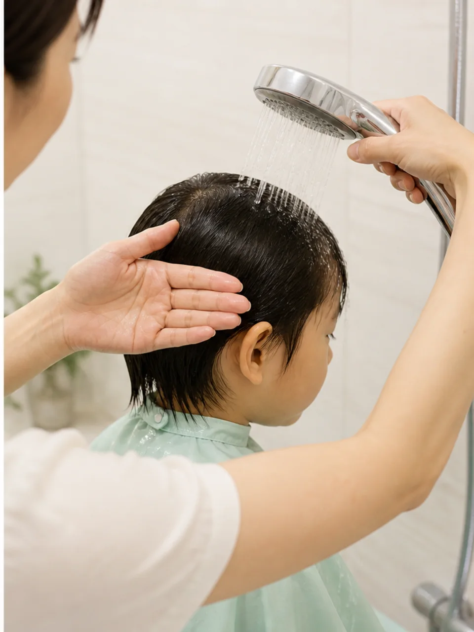 保護者が子どもの額を手で守りながら髪をシャワーですすぐ様子
