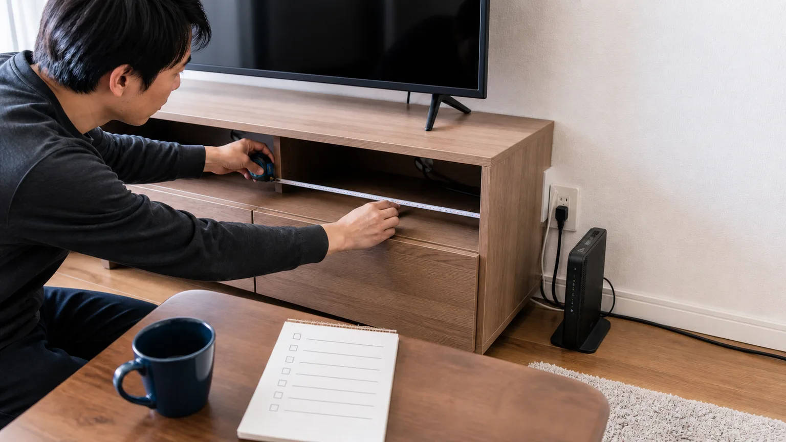 テレビ台の棚をメジャーで測りながらゲーム機の設置場所を確認する自社制作イメージ