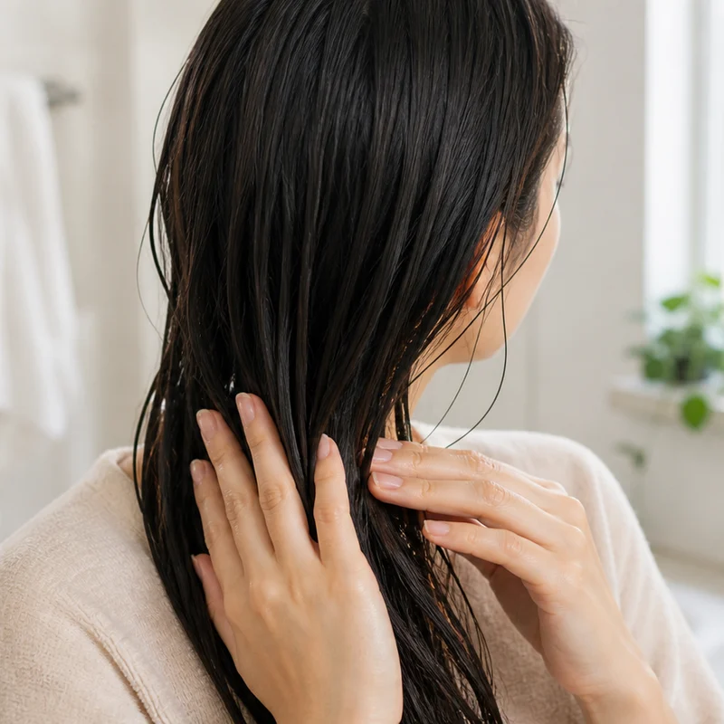 濡れた髪の中間から毛先だけにヘアオイルをなじませる様子