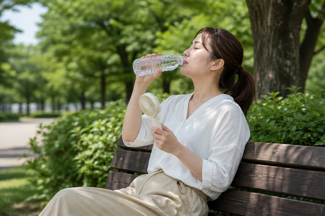木陰のベンチで水分補給しながら小型ファンを使って休む人