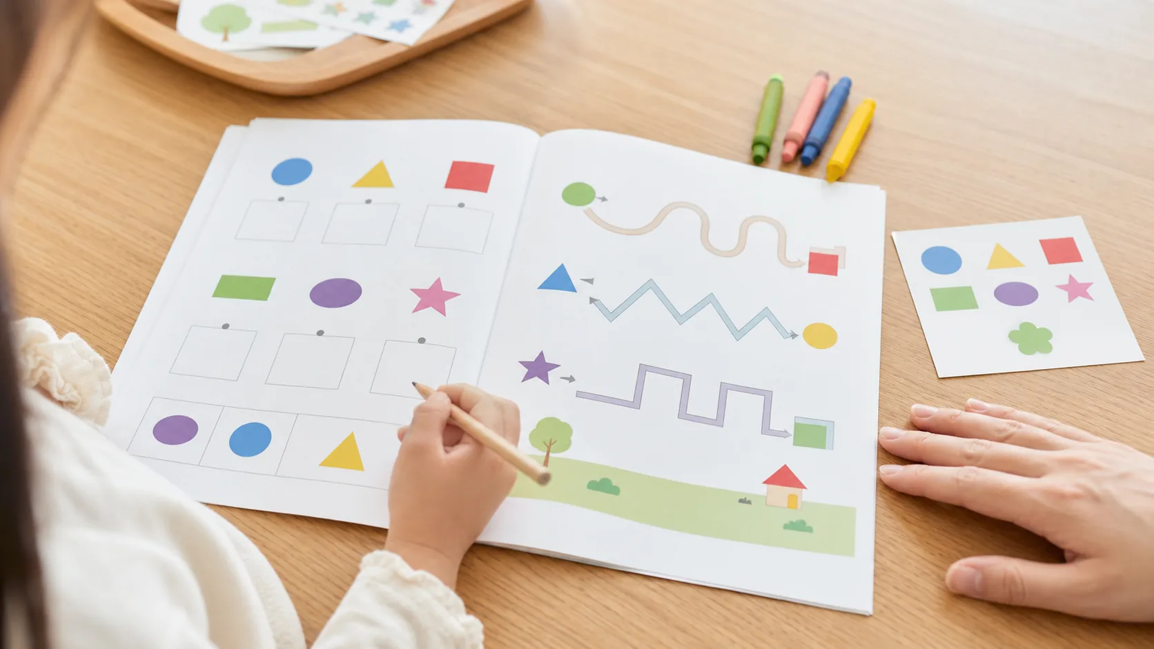 子ども用の机に開かれたドリルと鉛筆、シールのイメージ