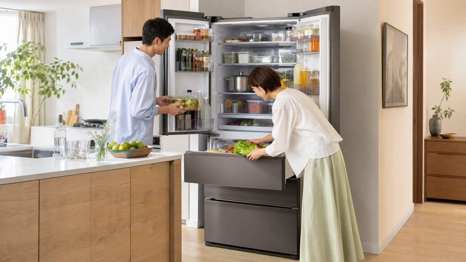 明るいキッチンで大型冷蔵庫を開き食材を整理する二人