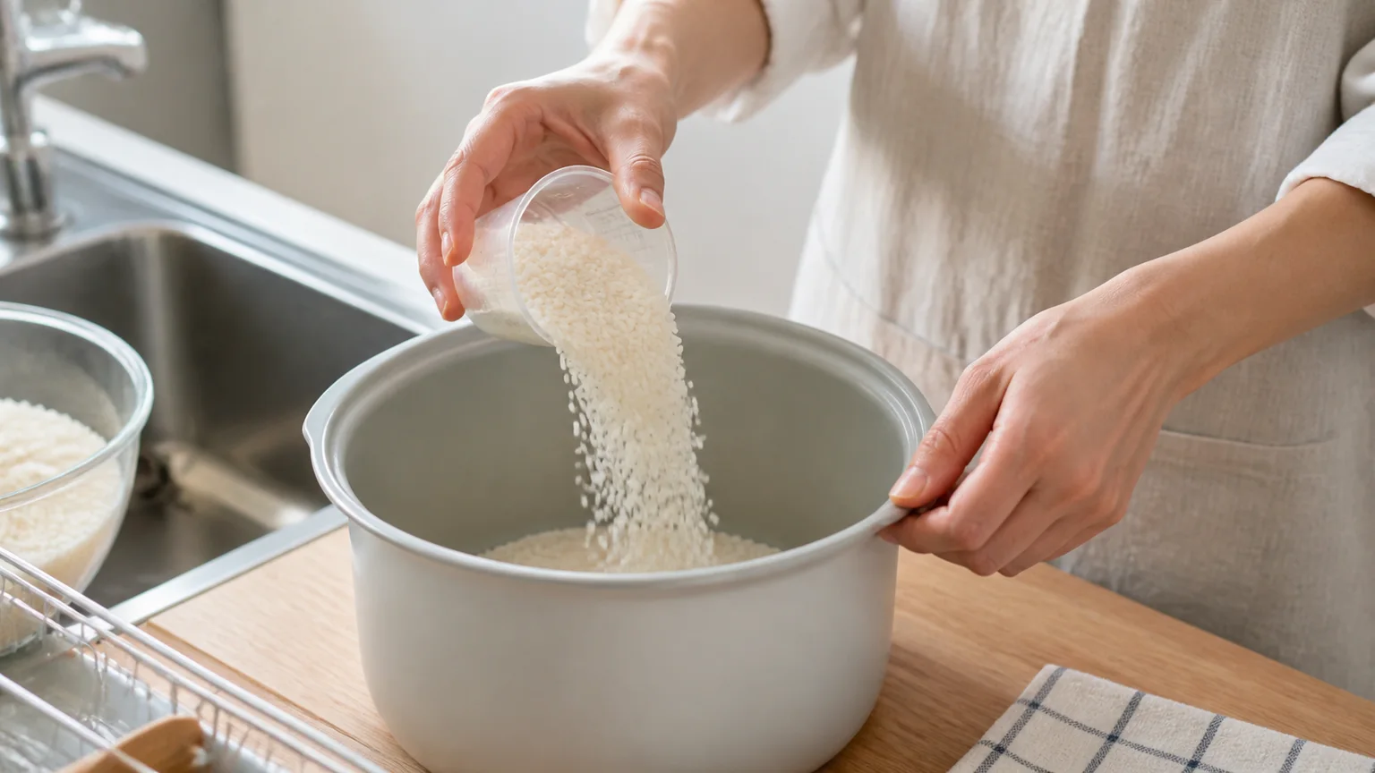 透明な計量カップから炊飯器の内釜へ白米を注ぐ手元