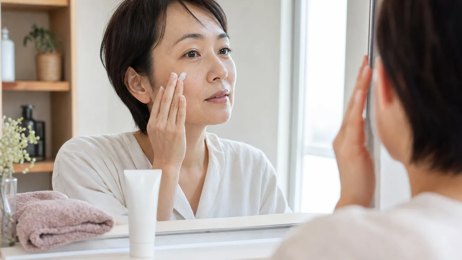 朝の洗面所で頬に日焼け止めを塗る人物