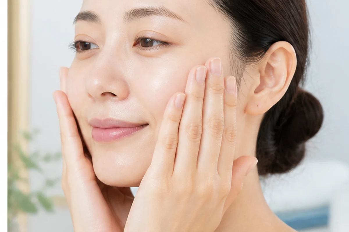 洗顔後の頬へ両手のひらで化粧水をやさしく押さえる女性