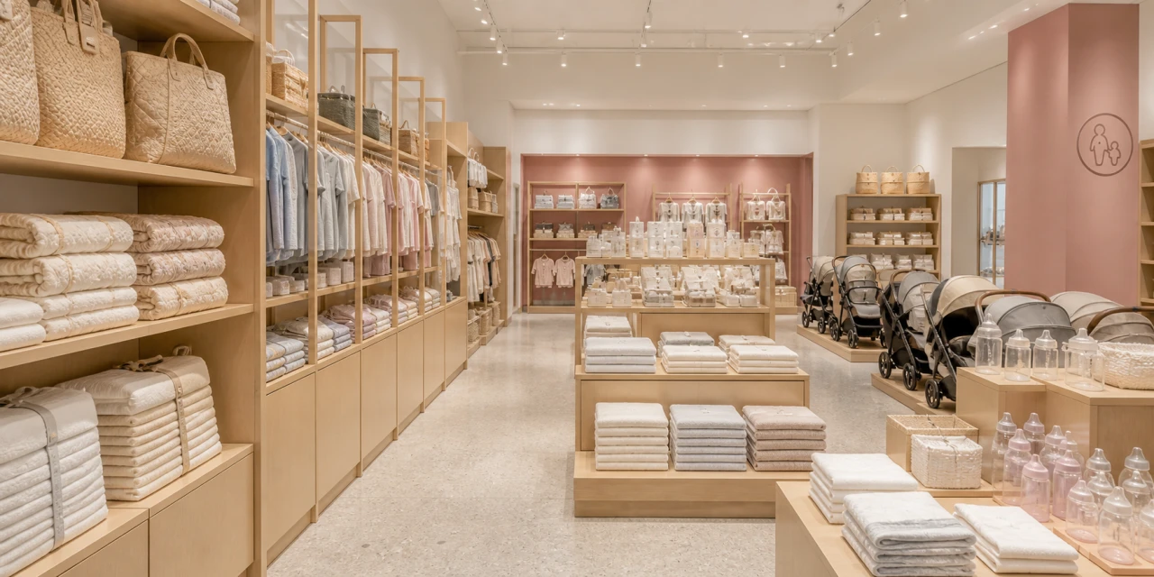 入口と同じ淡いピンクと木目の店内に、ベビー寝具やベビーカーが並ぶベビー・子ども用品店