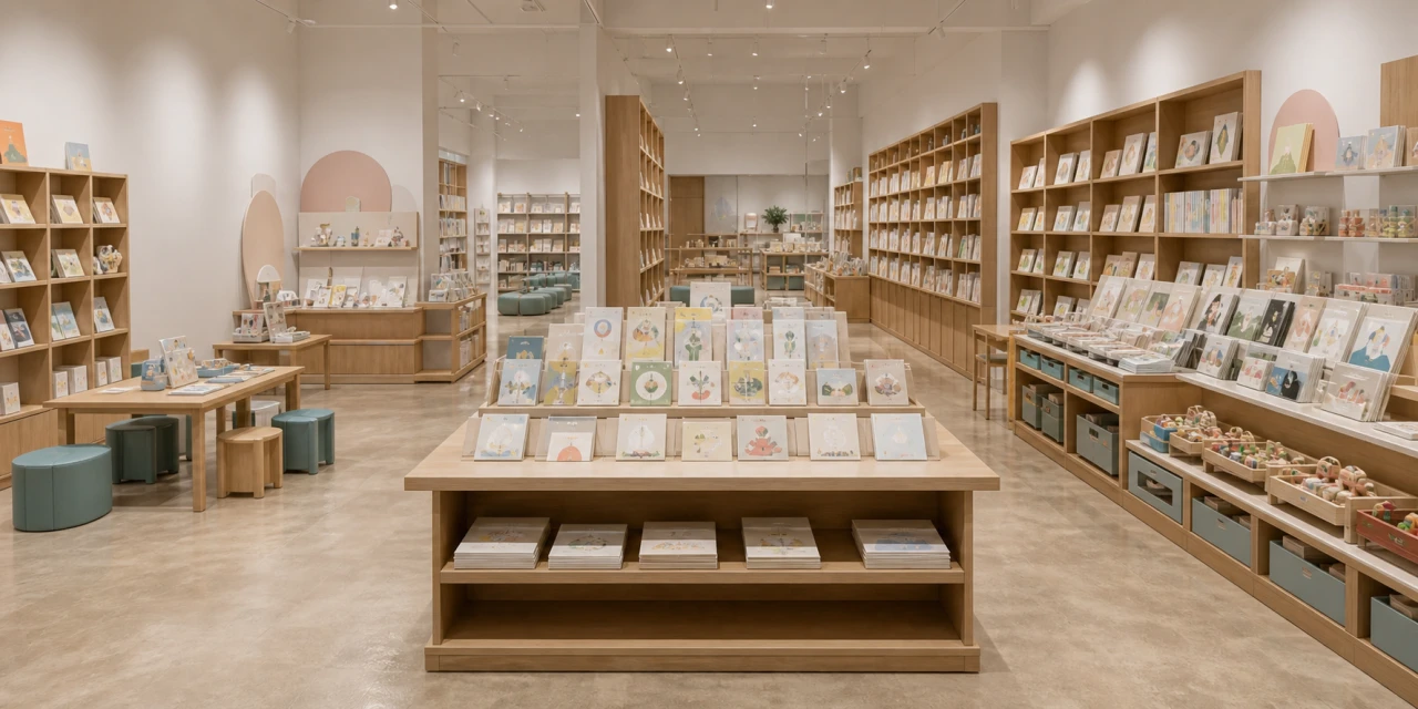 入口と同じ青緑の差し色と木目の棚に、絵本や知育用品が並ぶ本・知育用品店