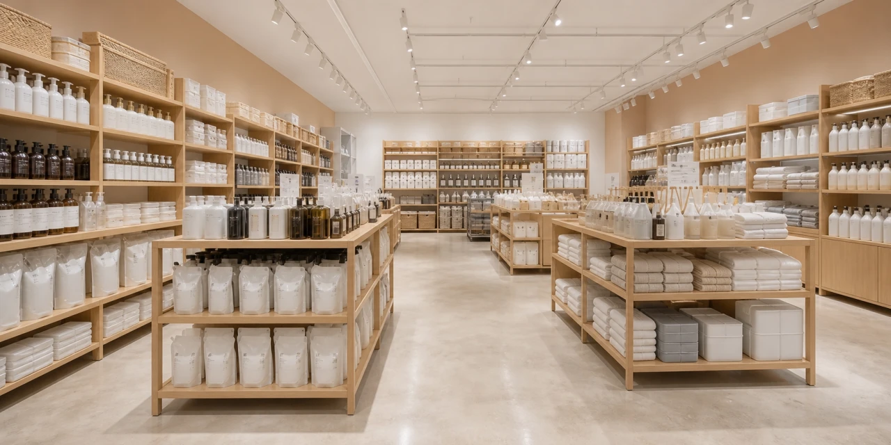 入口と同じ淡いベージュと木目の棚に、バス・洗面用品やタオルが並ぶ食品・日用品売場
